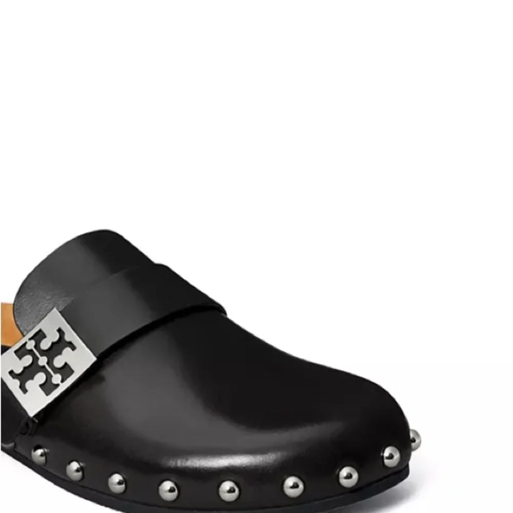 Tory Burch Black Leather Studded Mule Clogs with Silver Logo Accent - Picture 4 of 9